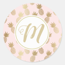 Gold Pineappel Pattern & Monogram Ronde Sticker