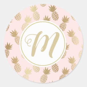 Gold Pineappel Pattern & Monogram Ronde Sticker