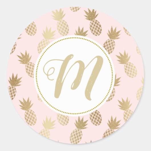 Gold Pineappel Pattern & Monogram Ronde Sticker (Voorkant)