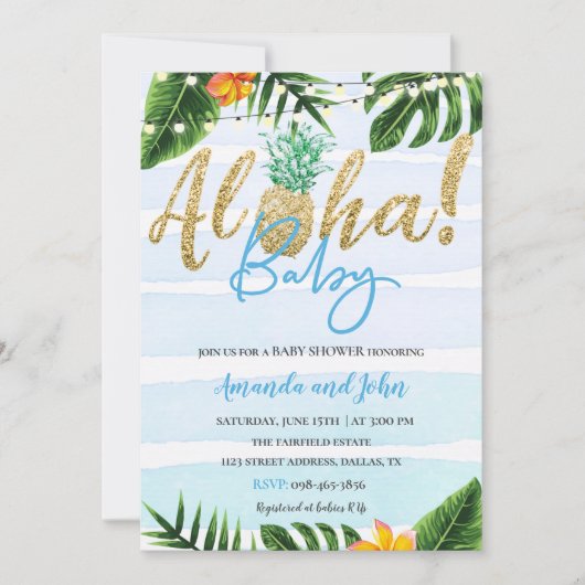 Gold Pineapple Aloha Baby shower Invitation Kaart (Voorkant)