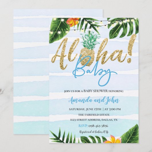 Gold Pineapple Aloha Baby shower Invitation Kaart (Voorkant / Achterkant)