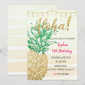 Gold Pineapple Aloha Birthday Invitation Kaart (Voorkant / Achterkant)