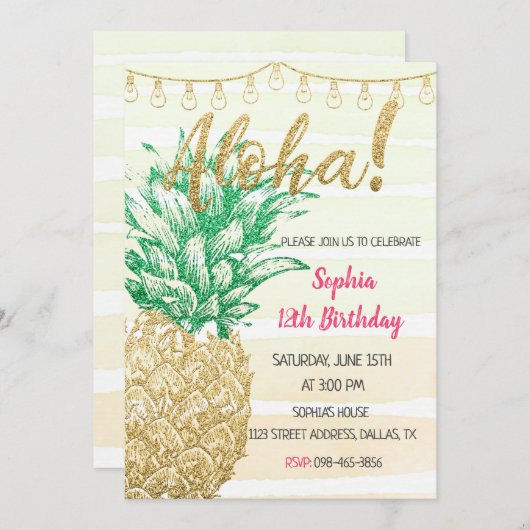 Gold Pineapple Aloha Birthday Invitation Kaart (Voorkant / Achterkant)