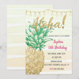 Gold Pineapple Aloha Birthday Invitation Kaart