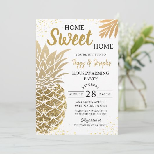 Gold Pineapple Home Sweet Home Housewarming Party Kaart (Staand voorkant)
