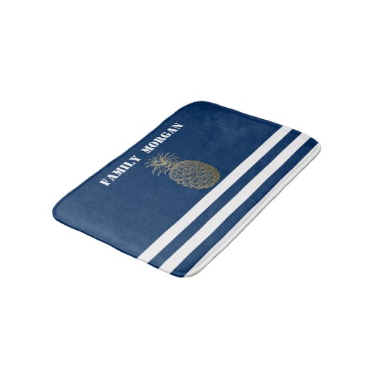 Gold Pineapple Nautical Navy Blue Striped Badmat (Gekanteld)