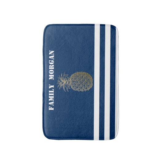 Gold Pineapple Nautical Navy Blue Striped Badmat (Voorkant Verticaal)