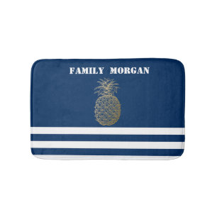 Gold Pineapple Nautical Navy Blue Striped Badmat