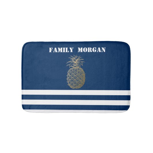 Gold Pineapple Nautical Navy Blue Striped Badmat (Voorkant)
