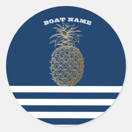Gold Pineapple Nautical Navy Blue Striped Ronde Sticker (Voorkant)