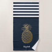 Gold Pineapple Nautical Navy Blue Striped Strandlaken (Voorkant)