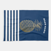 Gold Pineapple Nautical Navy Blue Striped Theedoek (Horizontaal)