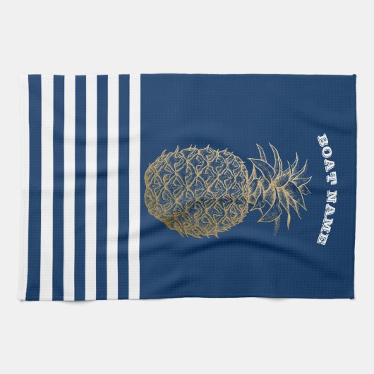 Gold Pineapple Nautical Navy Blue Striped Theedoek (Horizontaal)
