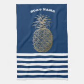 Gold Pineapple Nautical Navy Blue Striped Theedoek (Verticaal)