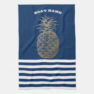 Gold Pineapple Nautical Navy Blue Striped Theedoek