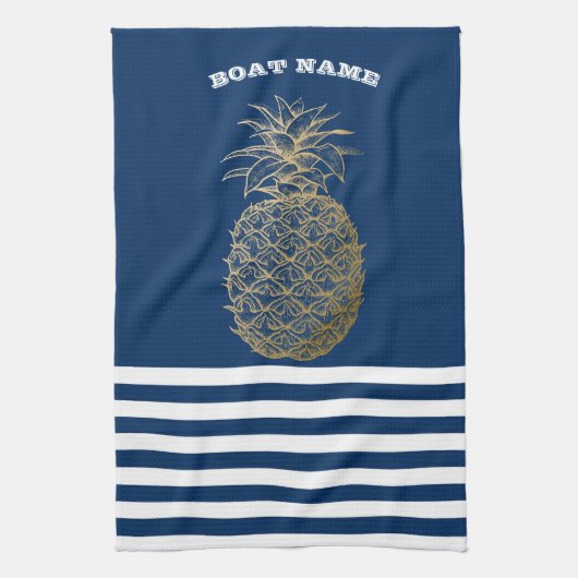 Gold Pineapple Nautical Navy Blue Striped Theedoek (Verticaal)