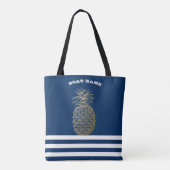 Gold Pineapple Nautical Navy Blue Striped Tote Bag (Achterkant)