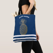Gold Pineapple Nautical Navy Blue Striped Tote Bag (Dichtbij)