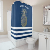 Gold Pineapple Navy Blue Striped Douchegordijn (In situ)