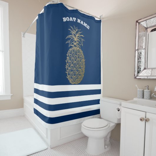 Gold Pineapple Navy Blue Striped Douchegordijn (In situ)