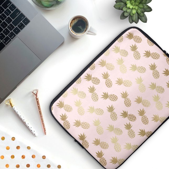 Gold Pineapple Pattern Laptop Sleeve (Faux Gold & Pink Pineapple Pattern Laptop Sleeve)