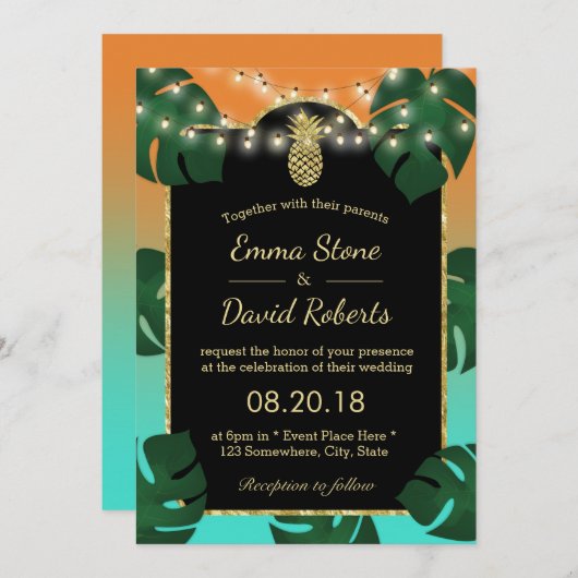Gold Pineapple String Lights Tropical Wedding Kaart (Voorkant / Achterkant)