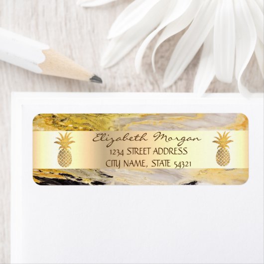 Gold Pineapple Trendy Marble Stone Address Label (Insitu)