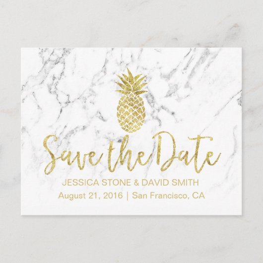 Gold Pineapple White Marble Wedding Save the Date Aankondigingskaart (Voorkant)