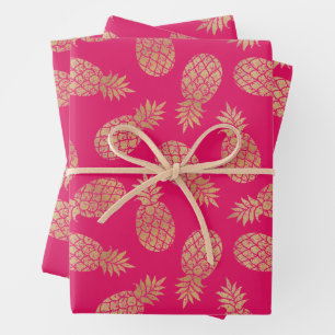 Gold Pineapples op Hot Pink Inpakpapier Vel
