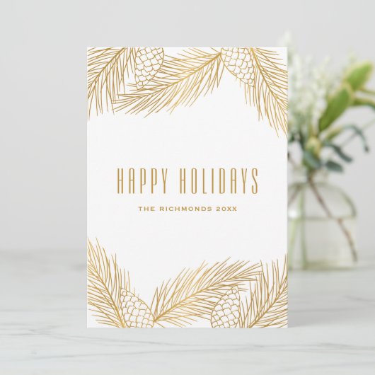 Gold Pinecones en Pine Needles Holiday Feestdagenkaart (Staand voorkant)