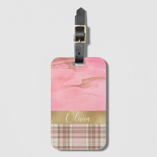 Gold Pink Abstract Waterverf Naam Bagagelabel (Voorkant (verticaal))