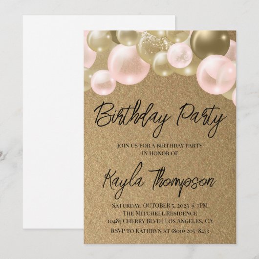 Gold Pink-ballon - uitnodiging van de Birthday Par (Voorkant / Achterkant)