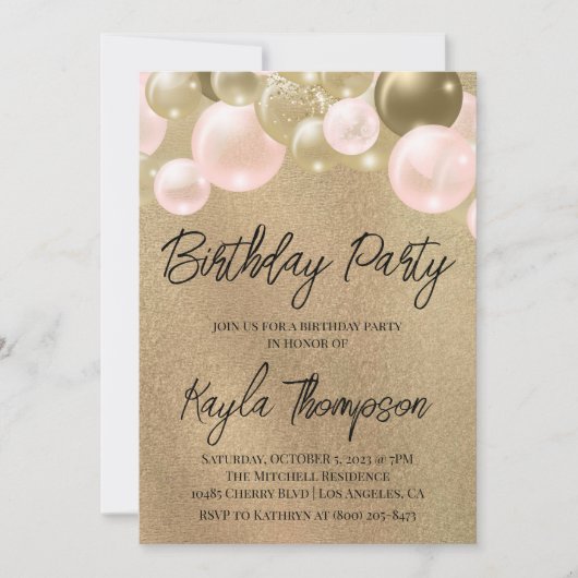 Gold Pink-ballon - uitnodiging van de Birthday Par (Voorkant)