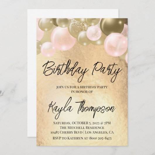 Gold Pink-ballon - uitnodiging van de Birthday Par (Voorkant / Achterkant)
