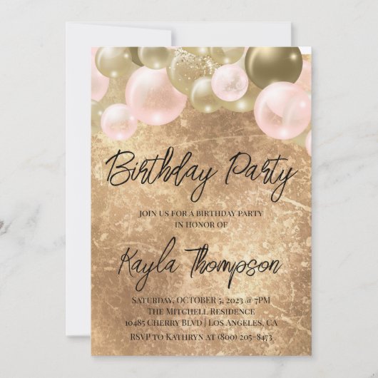 Gold Pink-ballon - uitnodiging van de Birthday Par (Voorkant)