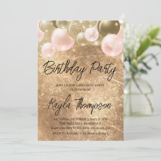 Gold Pink-ballon - uitnodiging van de Birthday Par (Staand voorkant)