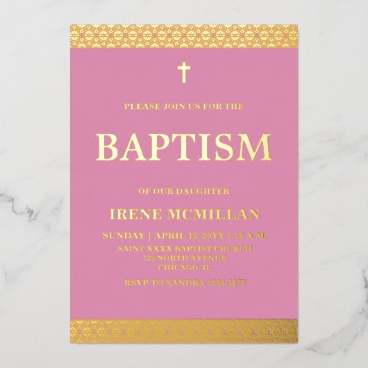 Gold Pink Baptism Folie Uitnodiging (Voorkant)