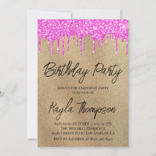 Gold Pink Birthday Party Invitation Kaart