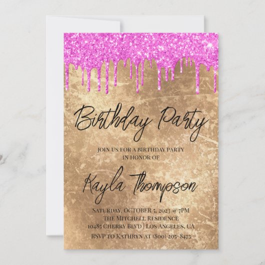 Gold Pink Birthday Party Invitation Kaart (Voorkant)