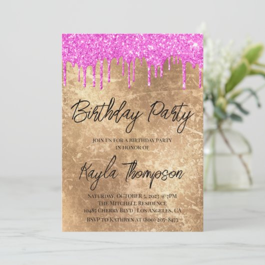 Gold Pink Birthday Party Invitation Kaart (Staand voorkant)