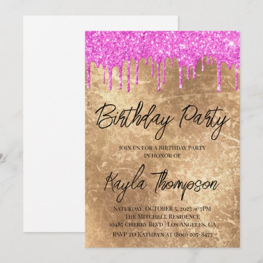 Gold Pink Birthday Party Invitation Kaart (Voorkant / Achterkant)