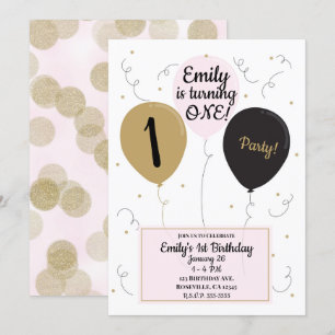 Gold Pink & Black Balloons Girl 1e verjaardag Kaart