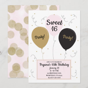 Gold Pink & Black Balloons Sweet 16 Birthday Party Kaart
