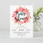 Gold Pink Blossom Krans Baby shower Uitnodiging (Staand voorkant)