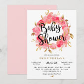 Gold Pink Blossom Krans Baby shower Uitnodiging (Voorkant / Achterkant)