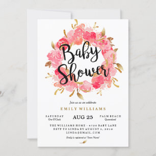 Gold Pink Blossom Krans Baby shower Uitnodiging