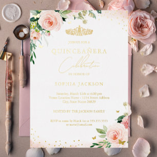 Gold Pink Blush Floral Quinceanera Birthday Folie Uitnodiging