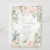 Gold Pink Blush Waterverf Romantic Floral Wedding Kaart (Voorkant)