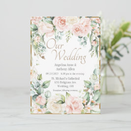Gold Pink Blush Waterverf Romantic Floral Wedding Kaart