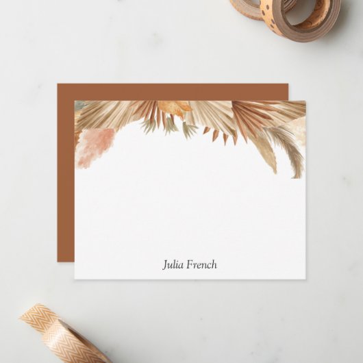 Gold Pink Boho Pampas Grass Flat Note Kaart Notitiekaartje (Voorkant / Achterkant in situ)